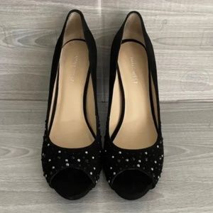 Women's NINE WEST Evao Black Suede Jeweled Open Toe Heels Size 7M